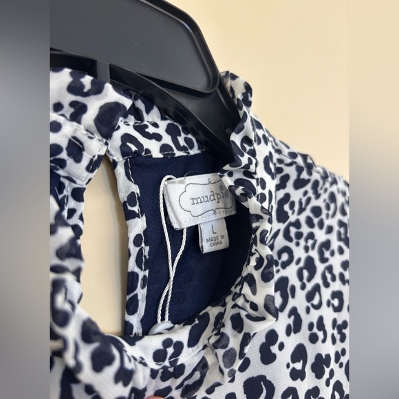 Mud Pie Nsomi Ruffle Dress in Navy Leopard, size large - Picture 2 of 4